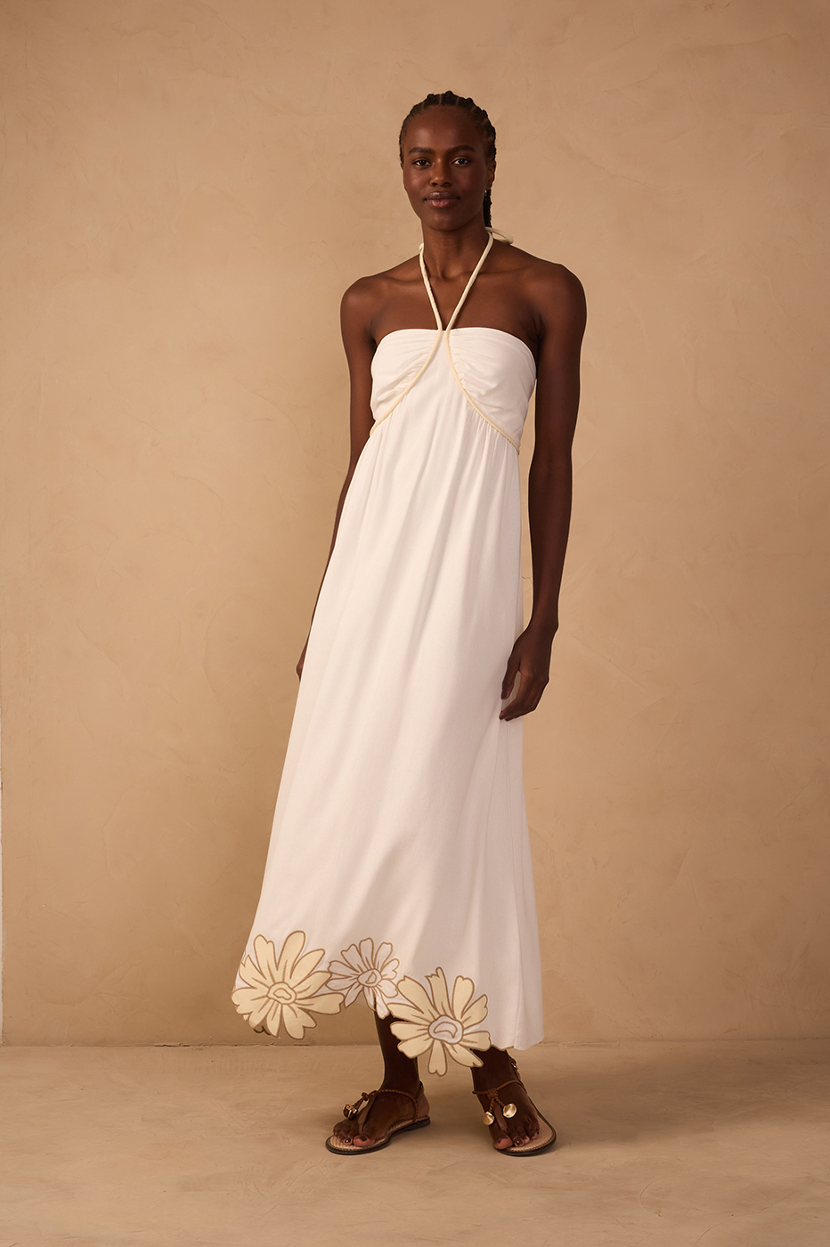 Off-White Embroidered Linen Midi Dress