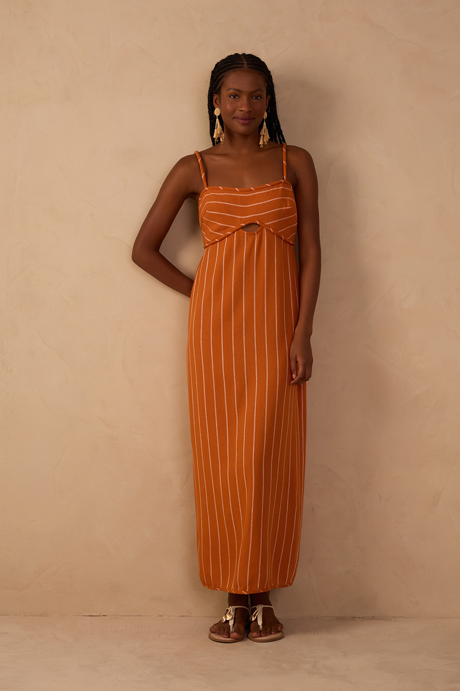 Ochre Striped Cut-Out Linen Midi Dress