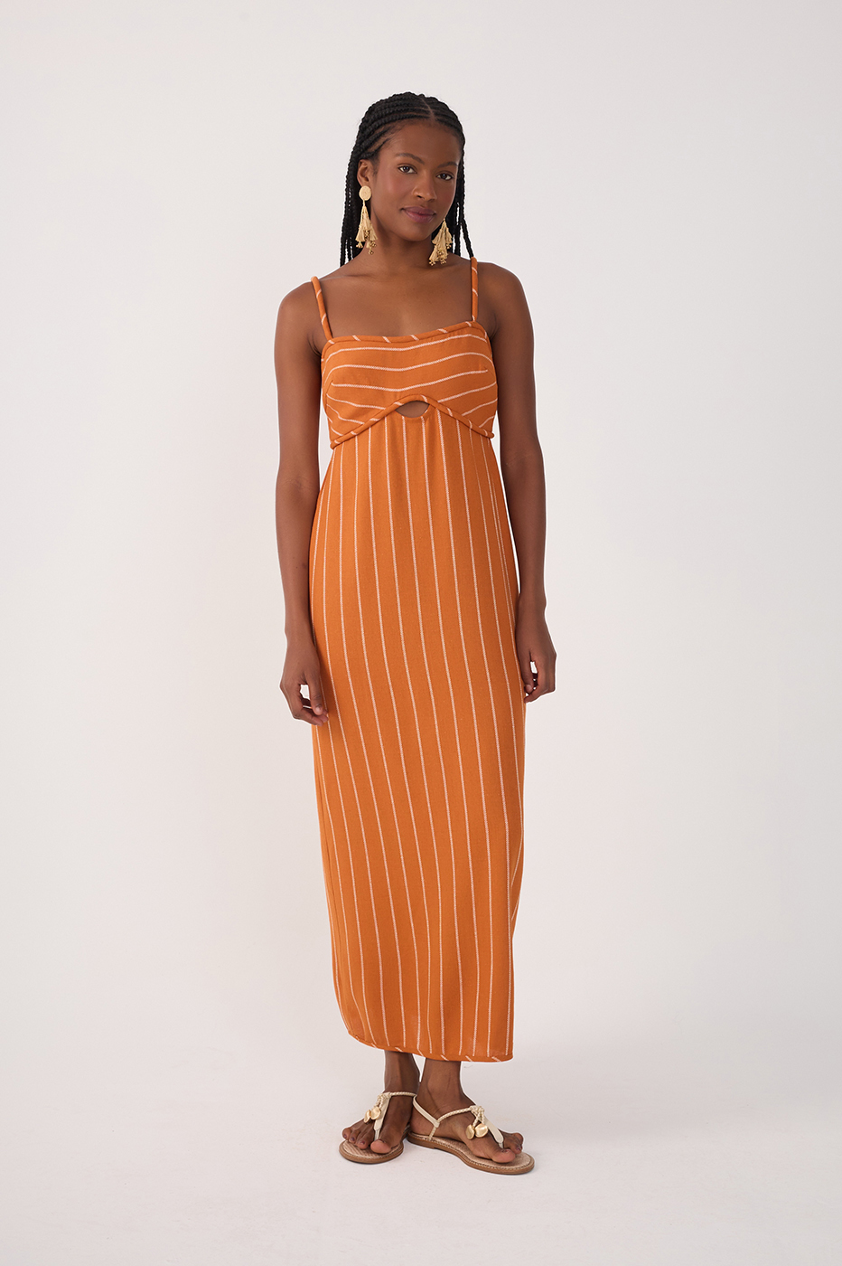Ochre Striped Cut-Out Linen Midi Dress