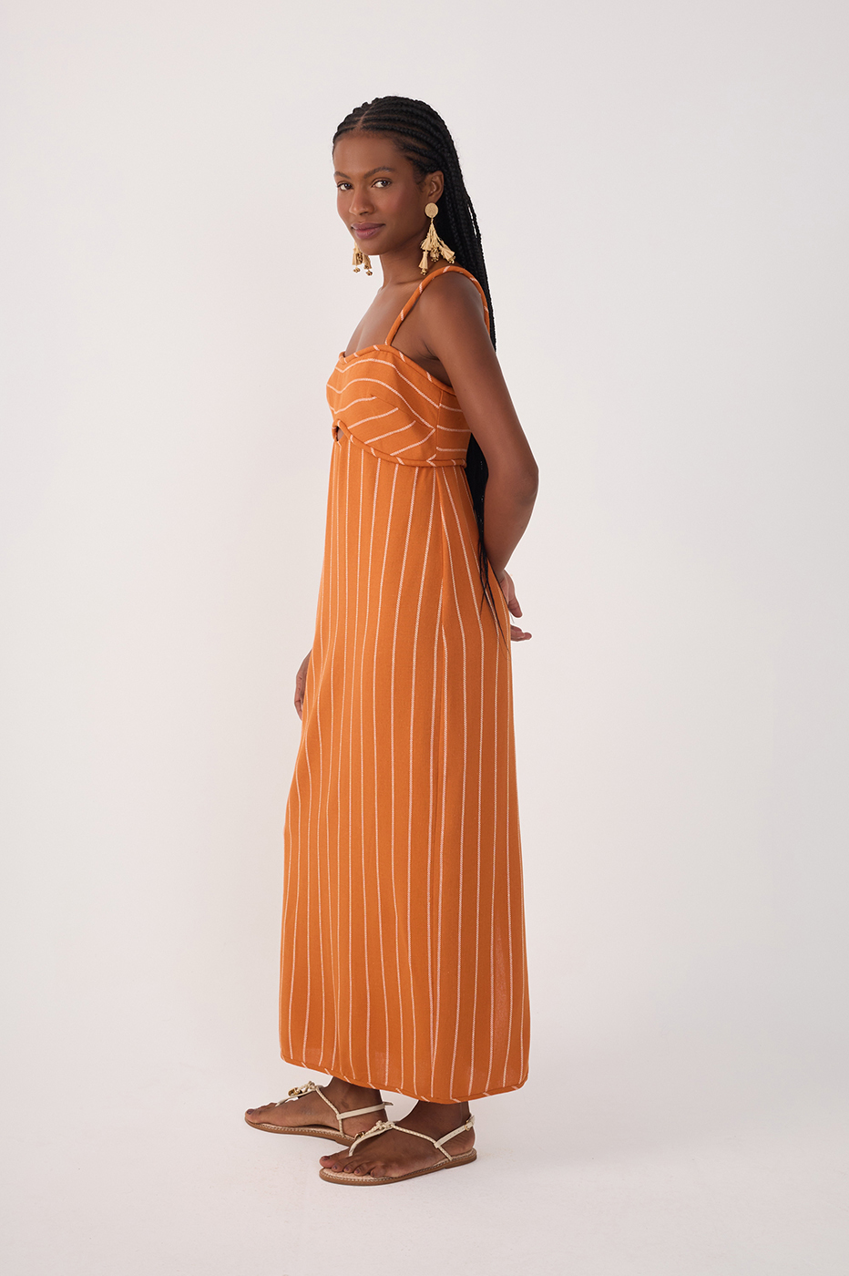 Ochre Striped Cut-Out Linen Midi Dress