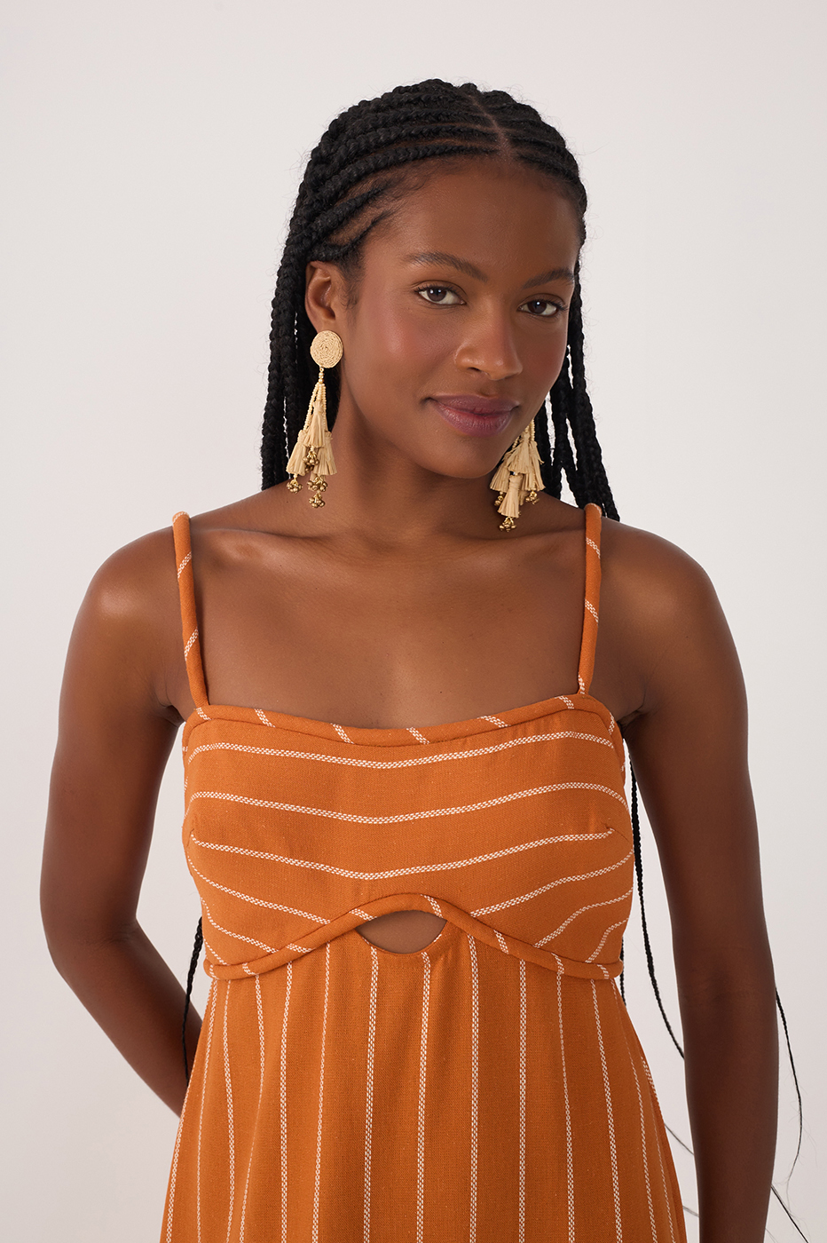 Ochre Striped Cut-Out Linen Midi Dress