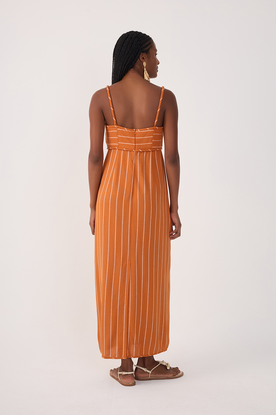Ochre Striped Cut-Out Linen Midi Dress