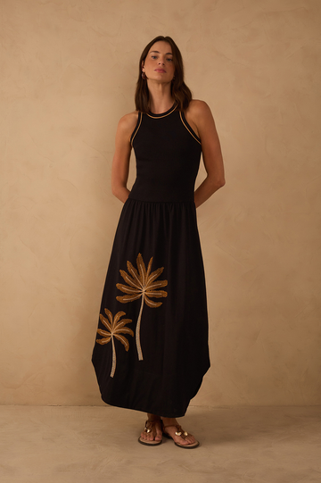 Black Embroidered Coqueiros Maxi Dress