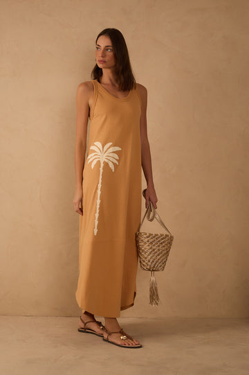 Beige Veraneio Embroidered Cotton Maxi Dress