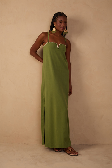 Green Embroidered Side Slits Maxi Dress