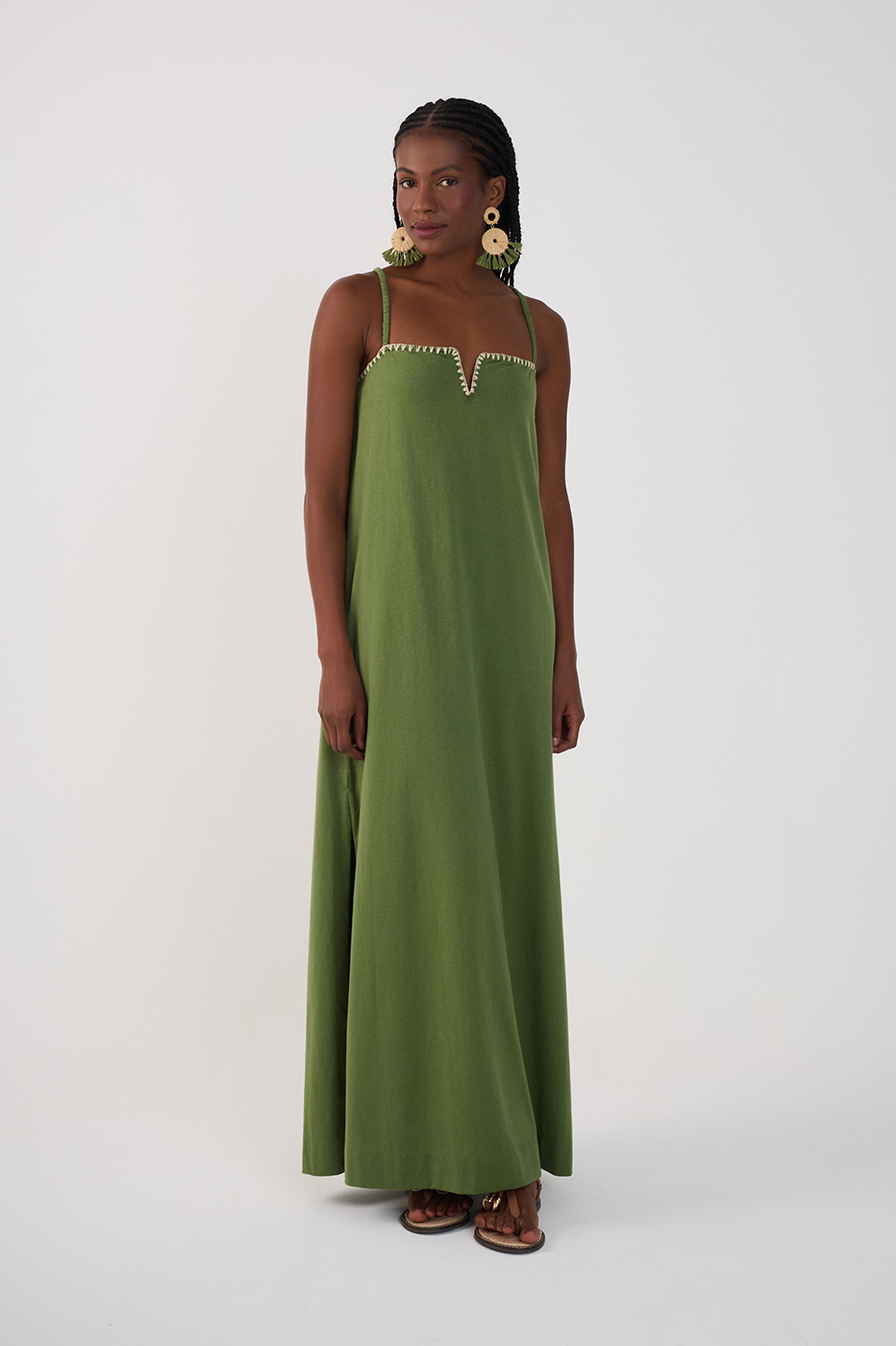 Green Embroidered Side Slits Maxi Dress