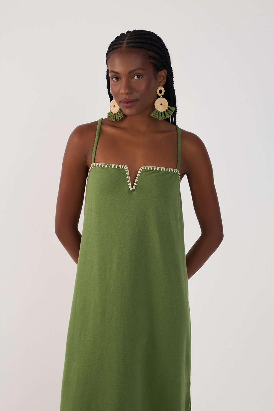 Green Embroidered Side Slits Maxi Dress