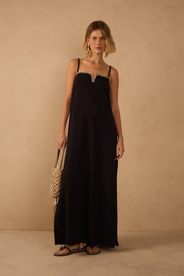 Black Embroidered Side Slits Maxi Dress