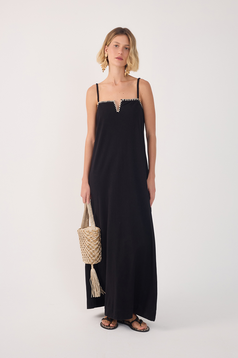 Black Embroidered Side Slits Maxi Dress