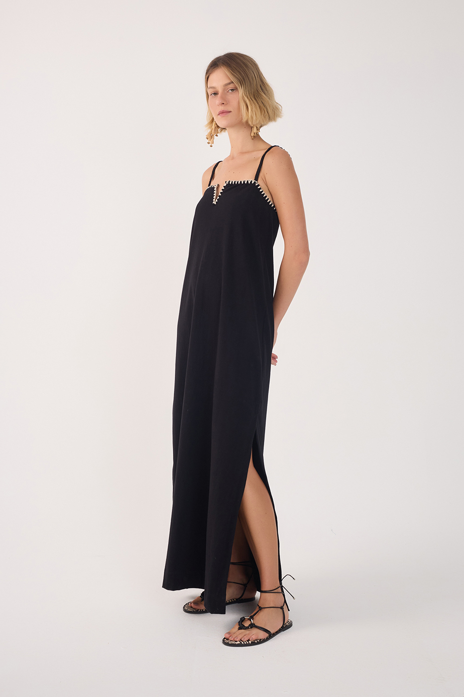 Black Embroidered Side Slits Maxi Dress