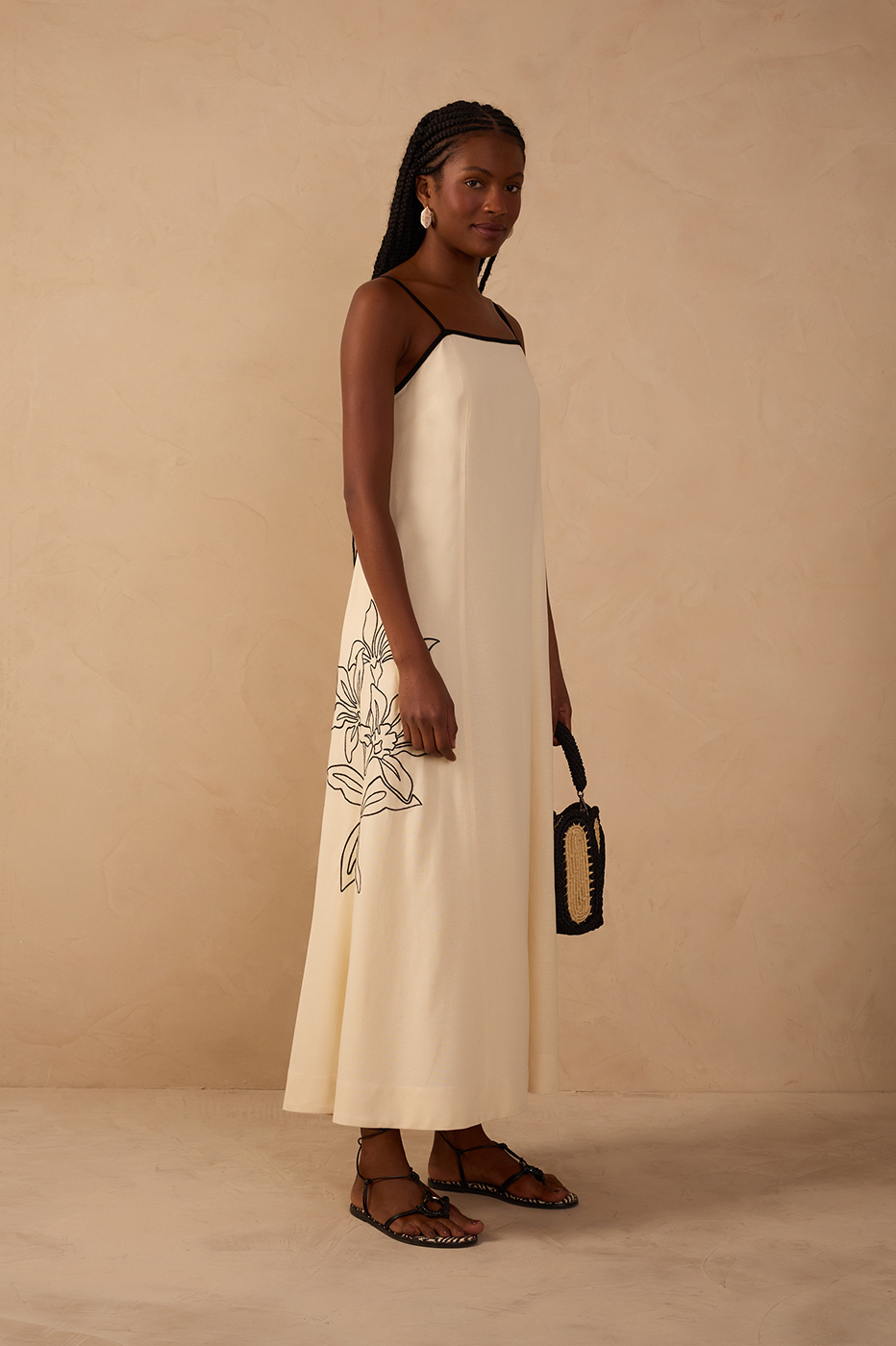CROPPED LINEN FLORAL EMBROIDERED DRESS