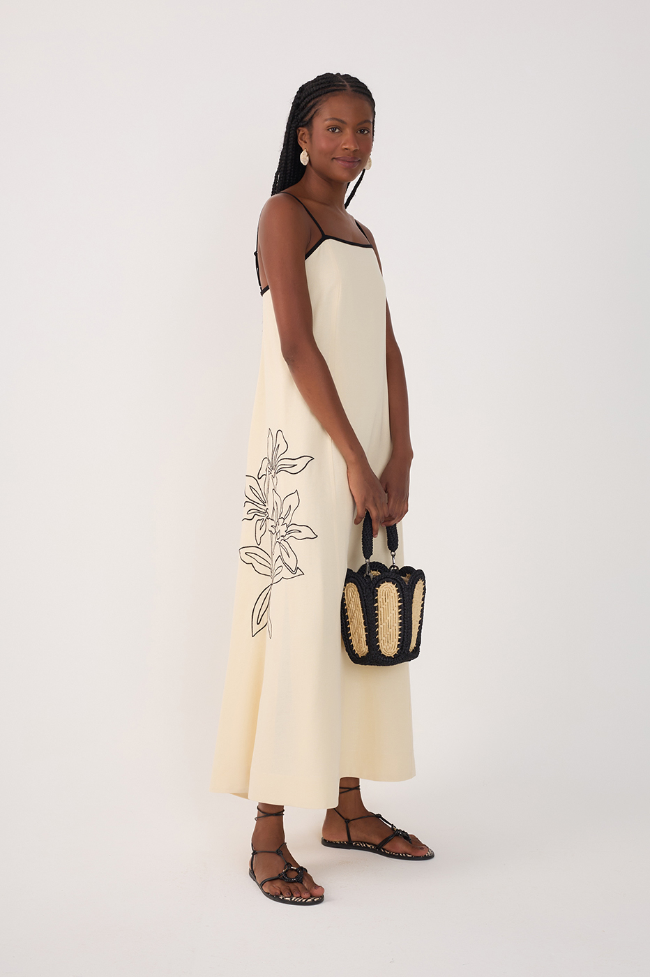CROPPED LINEN FLORAL EMBROIDERED DRESS
