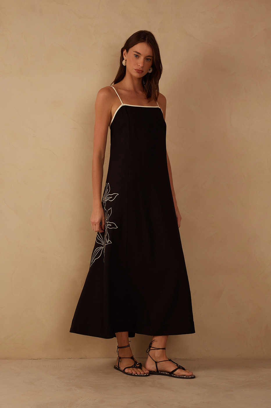 CROPPED LINEN FLORAL EMBROIDERED DRESS