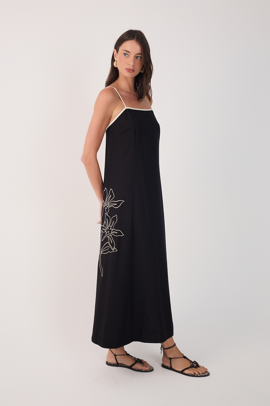 CROPPED LINEN FLORAL EMBROIDERED DRESS