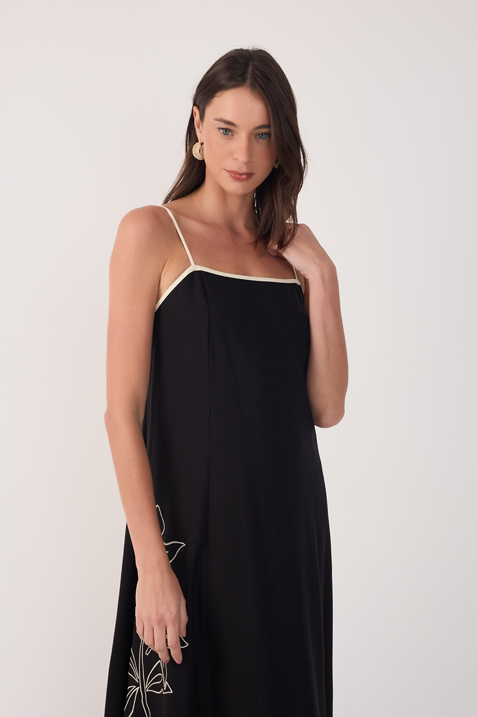 CROPPED LINEN FLORAL EMBROIDERED DRESS