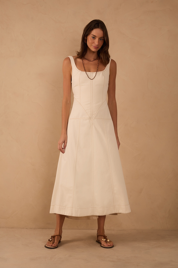 Off-White Topstitching Twill Midi Dress