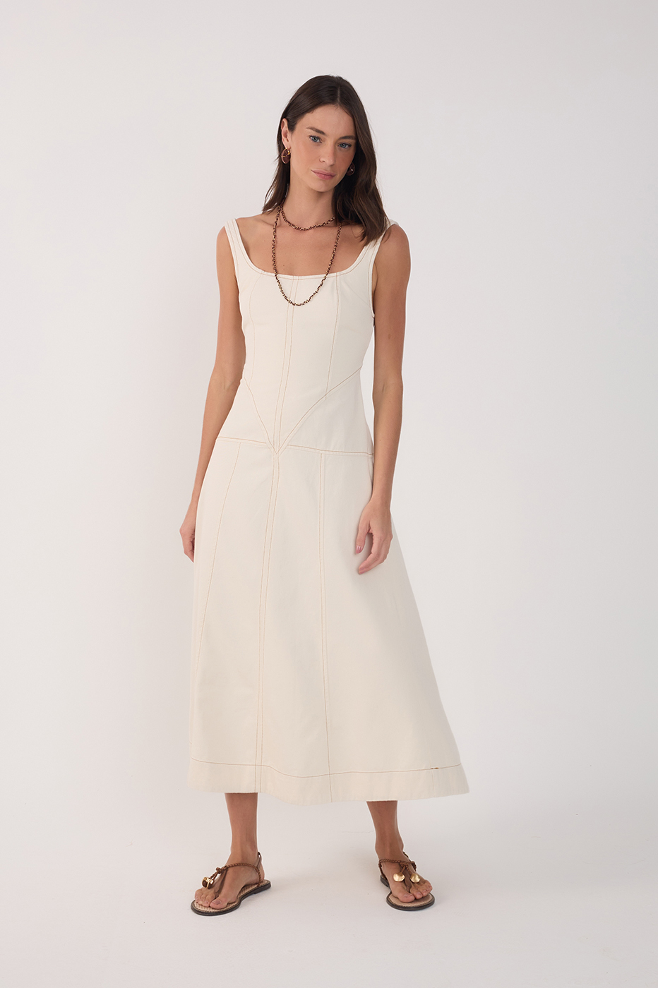Off-White Topstitching Twill Midi Dress