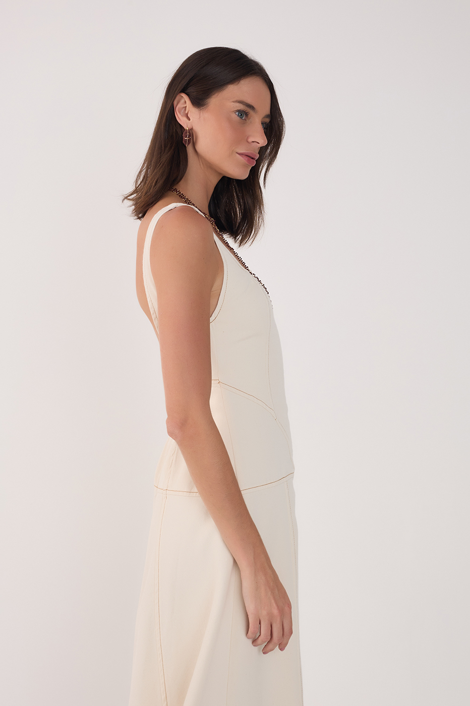Off-White Topstitching Twill Midi Dress