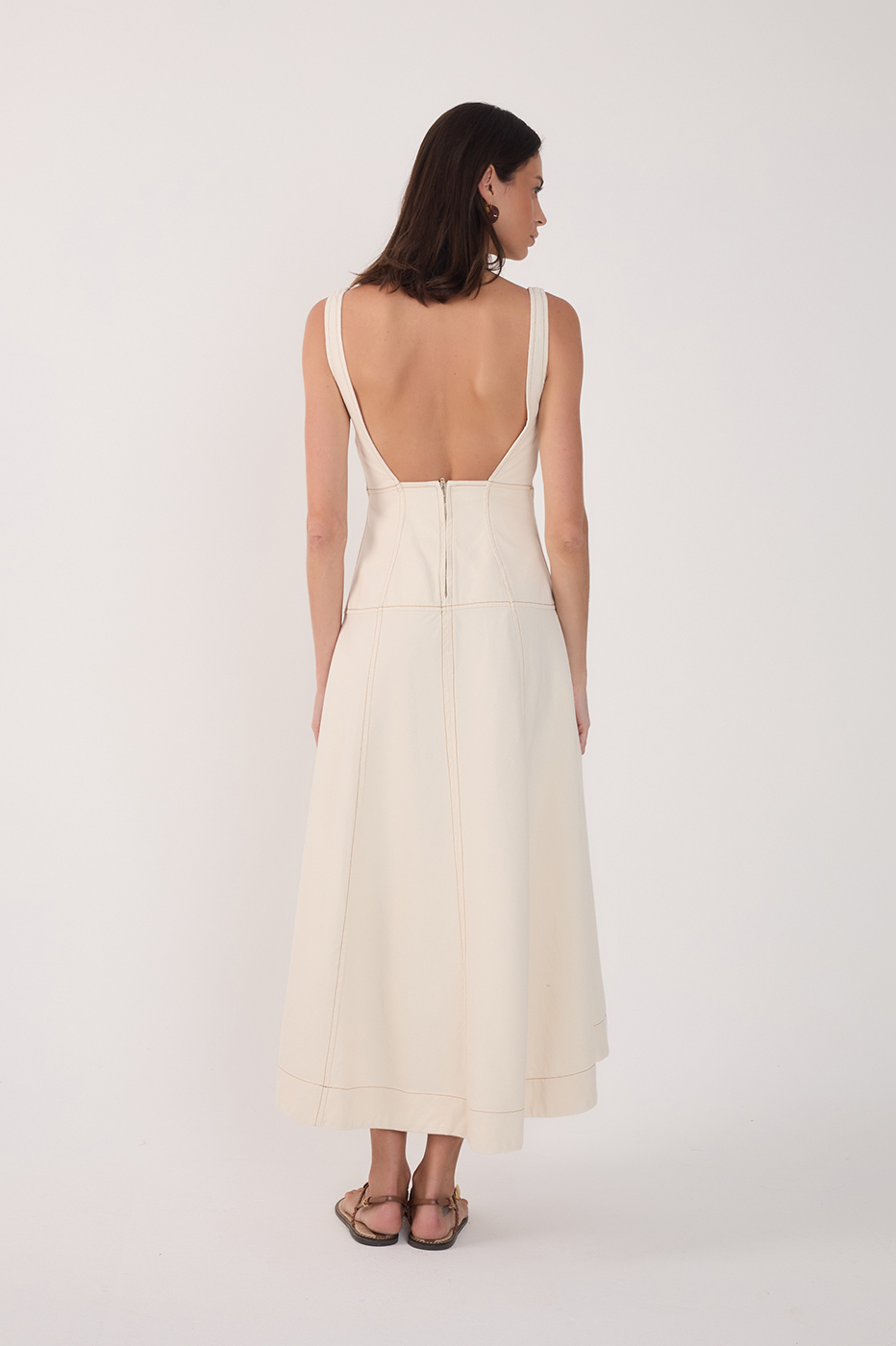 Off-White Topstitching Twill Midi Dress