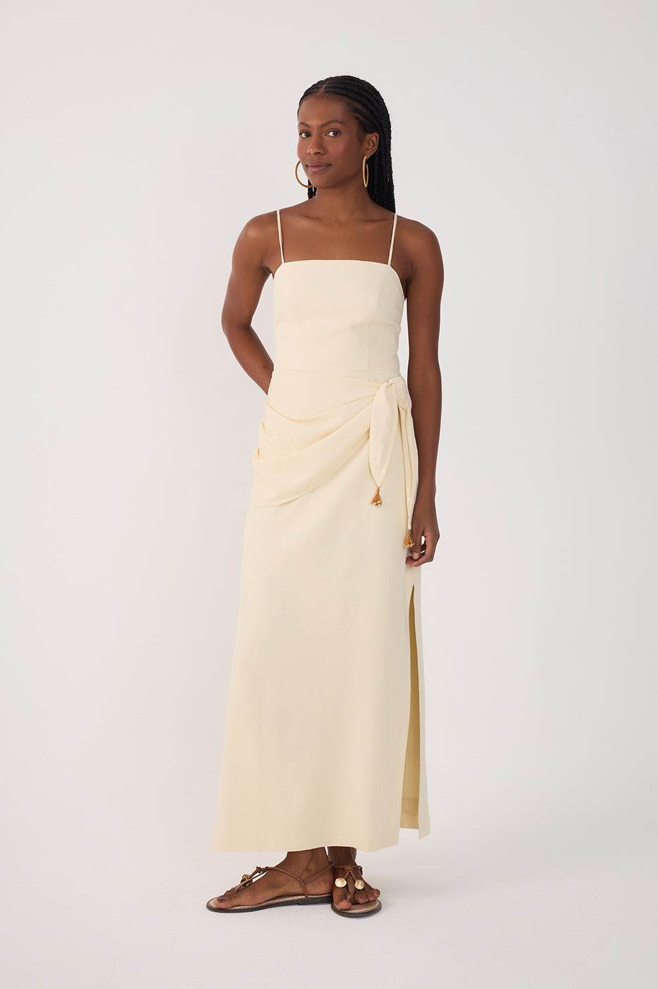 Beige Wrap Waist Linen Maxi Dress