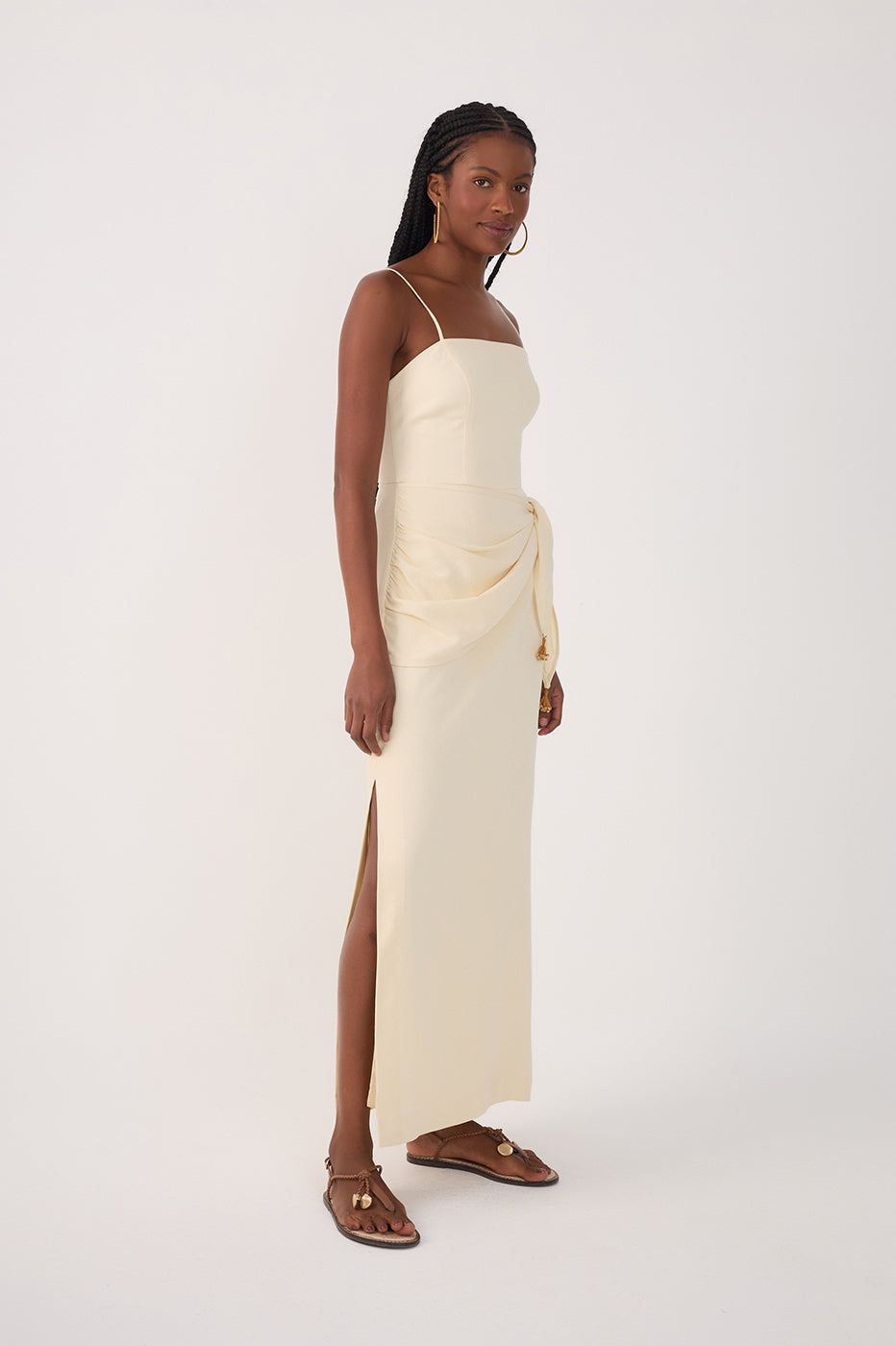 Beige Wrap Waist Linen Maxi Dress
