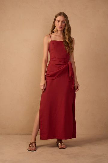 Red Wrap Waist Linen Maxi Dress