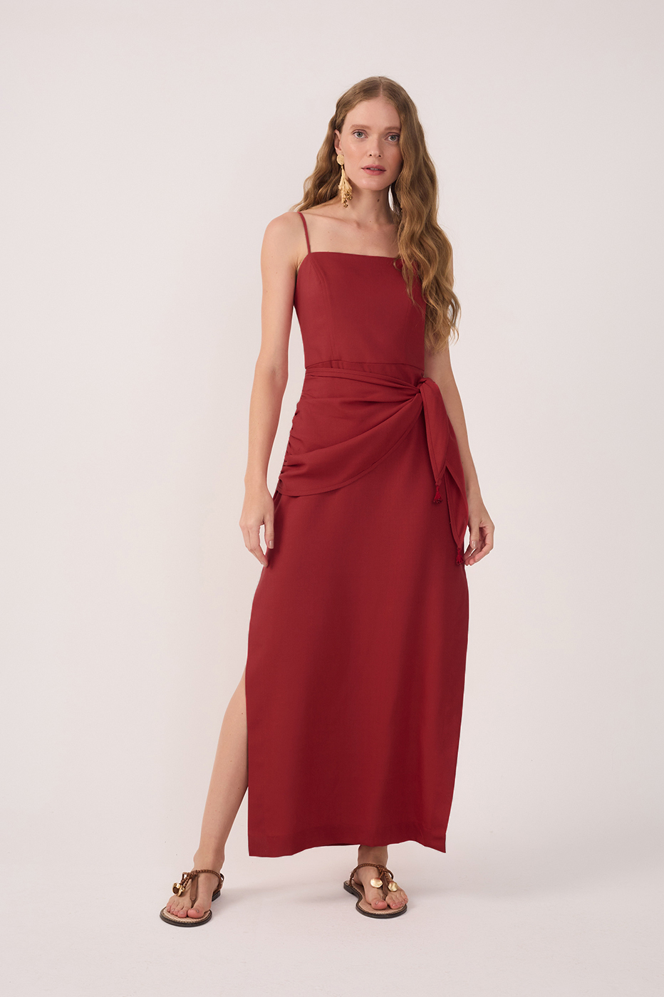 Red Wrap Waist Linen Maxi Dress