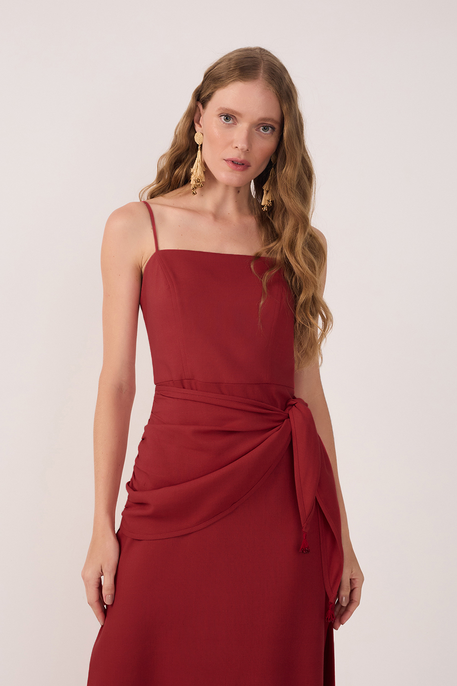 Red Wrap Waist Linen Maxi Dress