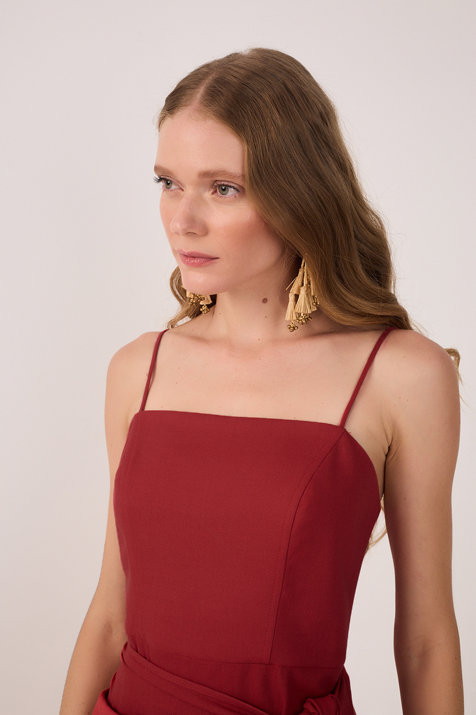 Red Wrap Waist Linen Maxi Dress