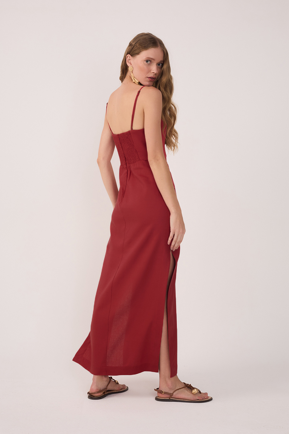 Red Wrap Waist Linen Maxi Dress