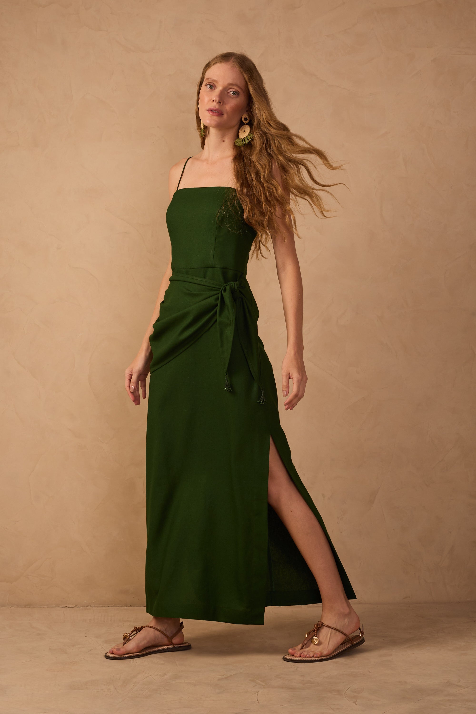 Green Wrap Waist Linen Maxi Dress