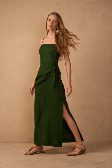 Green Wrap Waist Linen Maxi Dress
