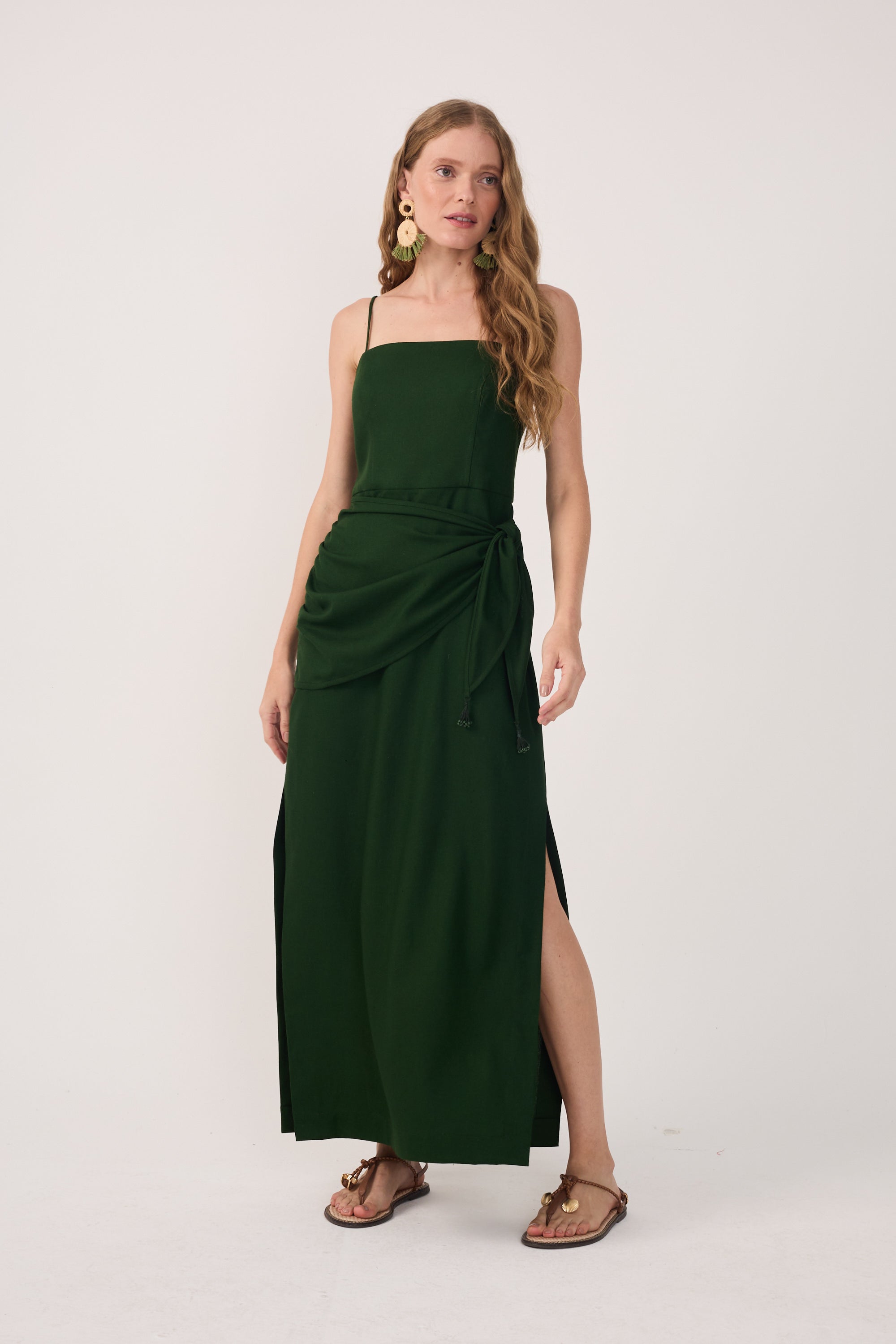 Green Wrap Waist Linen Maxi Dress
