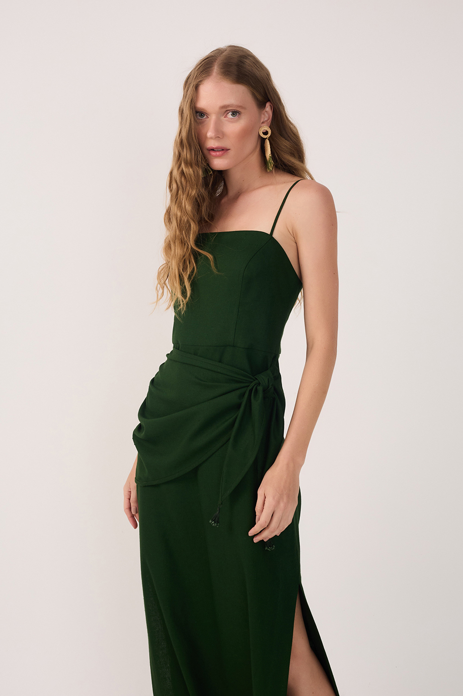 Green Wrap Waist Linen Maxi Dress