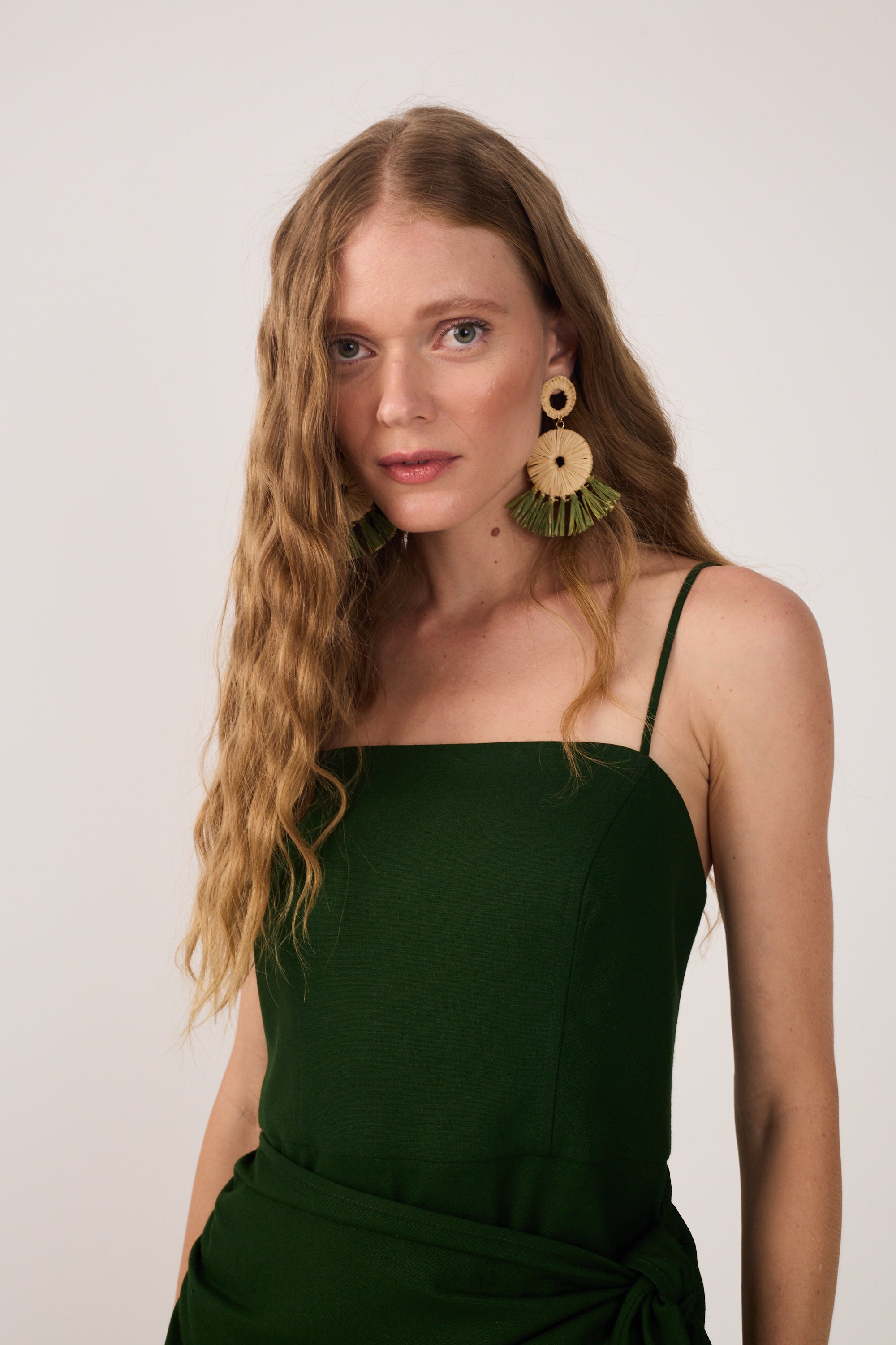 Green Wrap Waist Linen Maxi Dress