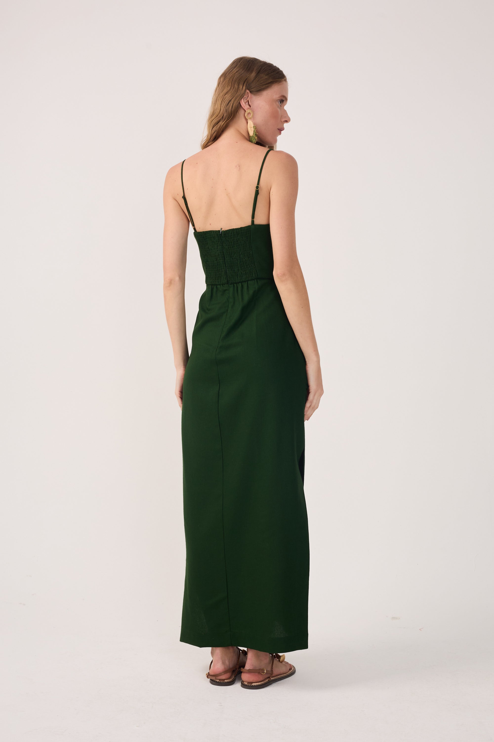 Green Wrap Waist Linen Maxi Dress
