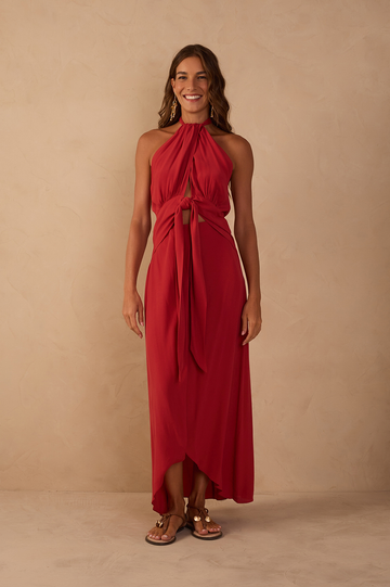 Red Ruched Cut-Out Ties Crepe Midi Dress