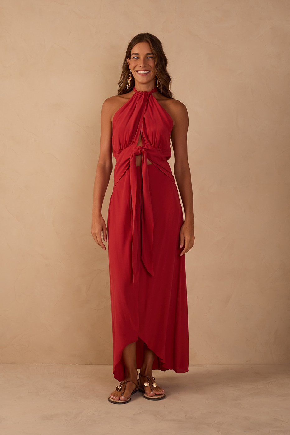 Red Ruched Cut-Out Ties Crepe Midi Dress
