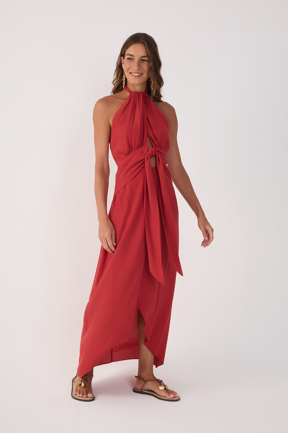 Red Ruched Cut-Out Ties Crepe Midi Dress