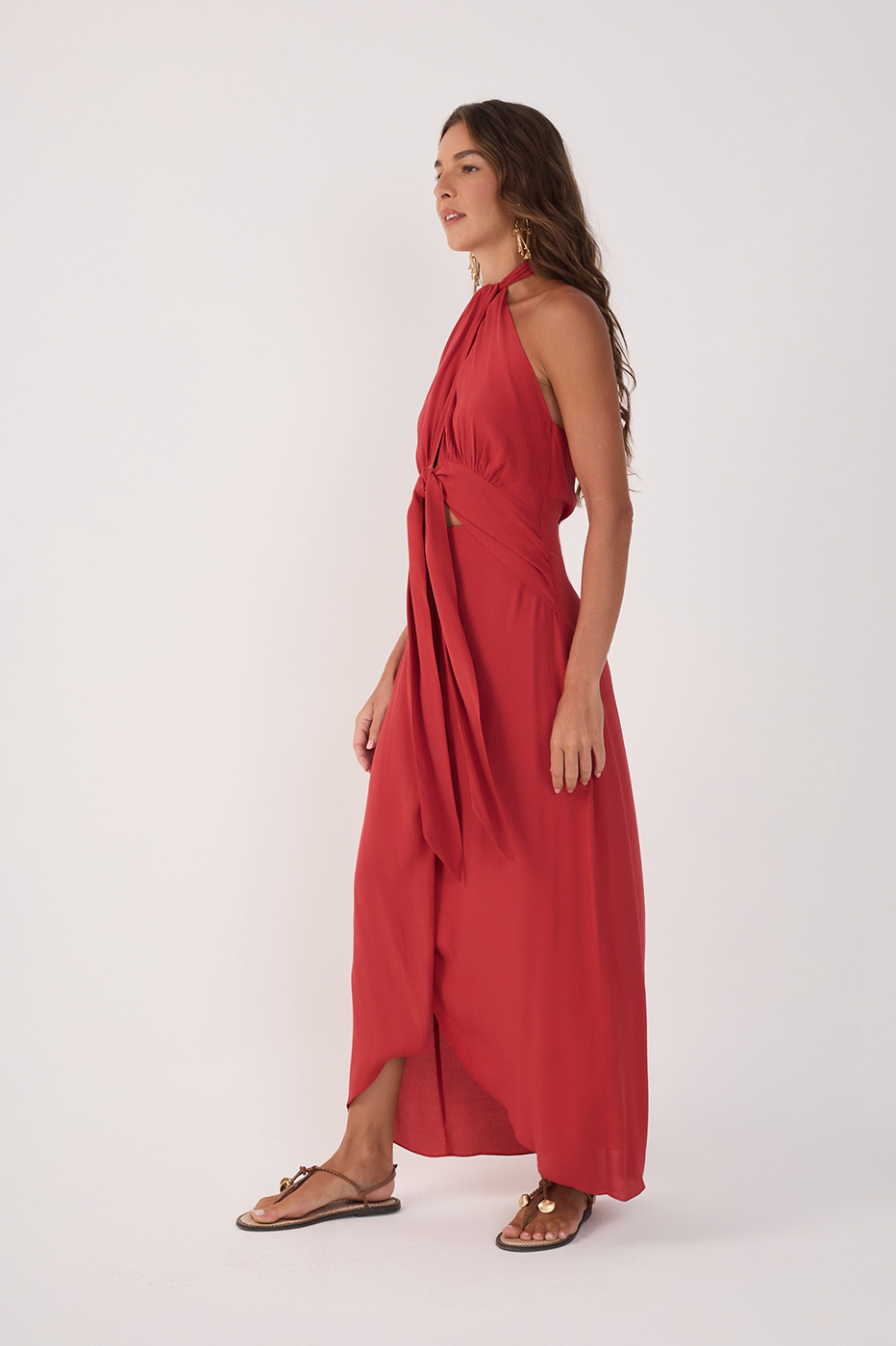 Red Ruched Cut-Out Ties Crepe Midi Dress