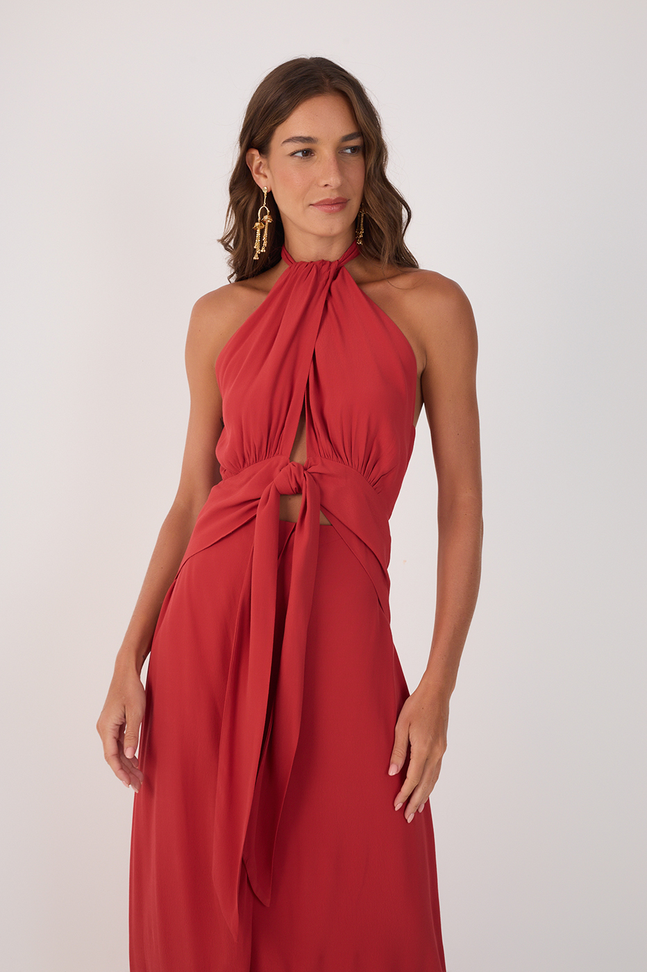 Red Ruched Cut-Out Ties Crepe Midi Dress