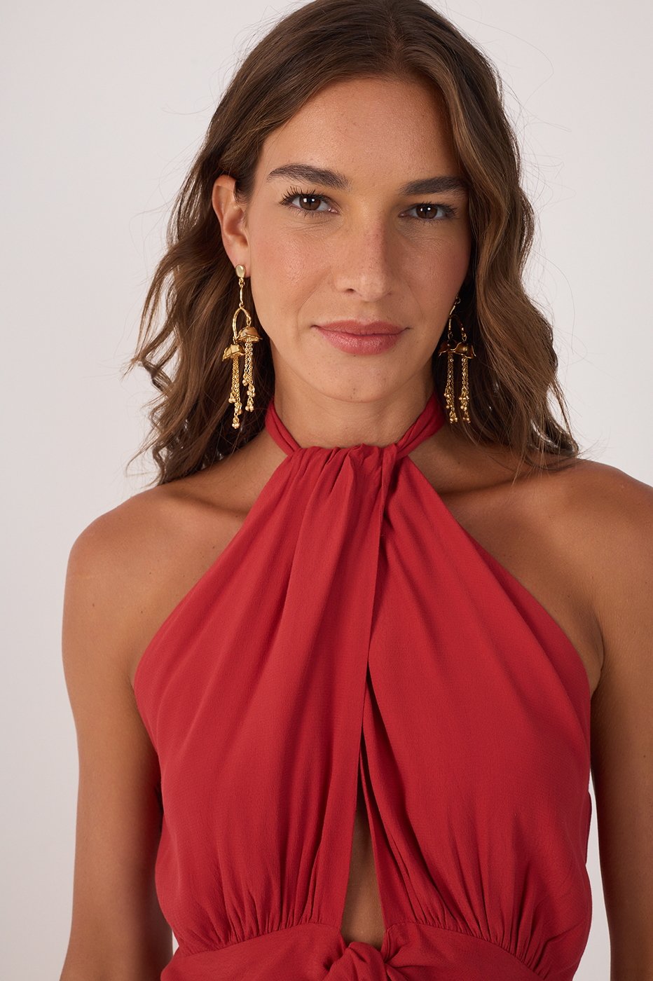 Red Ruched Cut-Out Ties Crepe Midi Dress