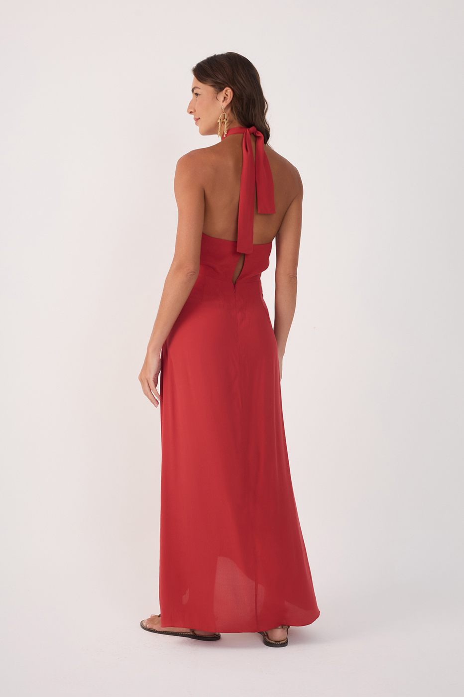 Red Ruched Cut-Out Ties Crepe Midi Dress