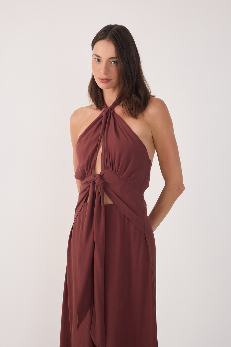 Midi Crepe Twisted Neckline Dress