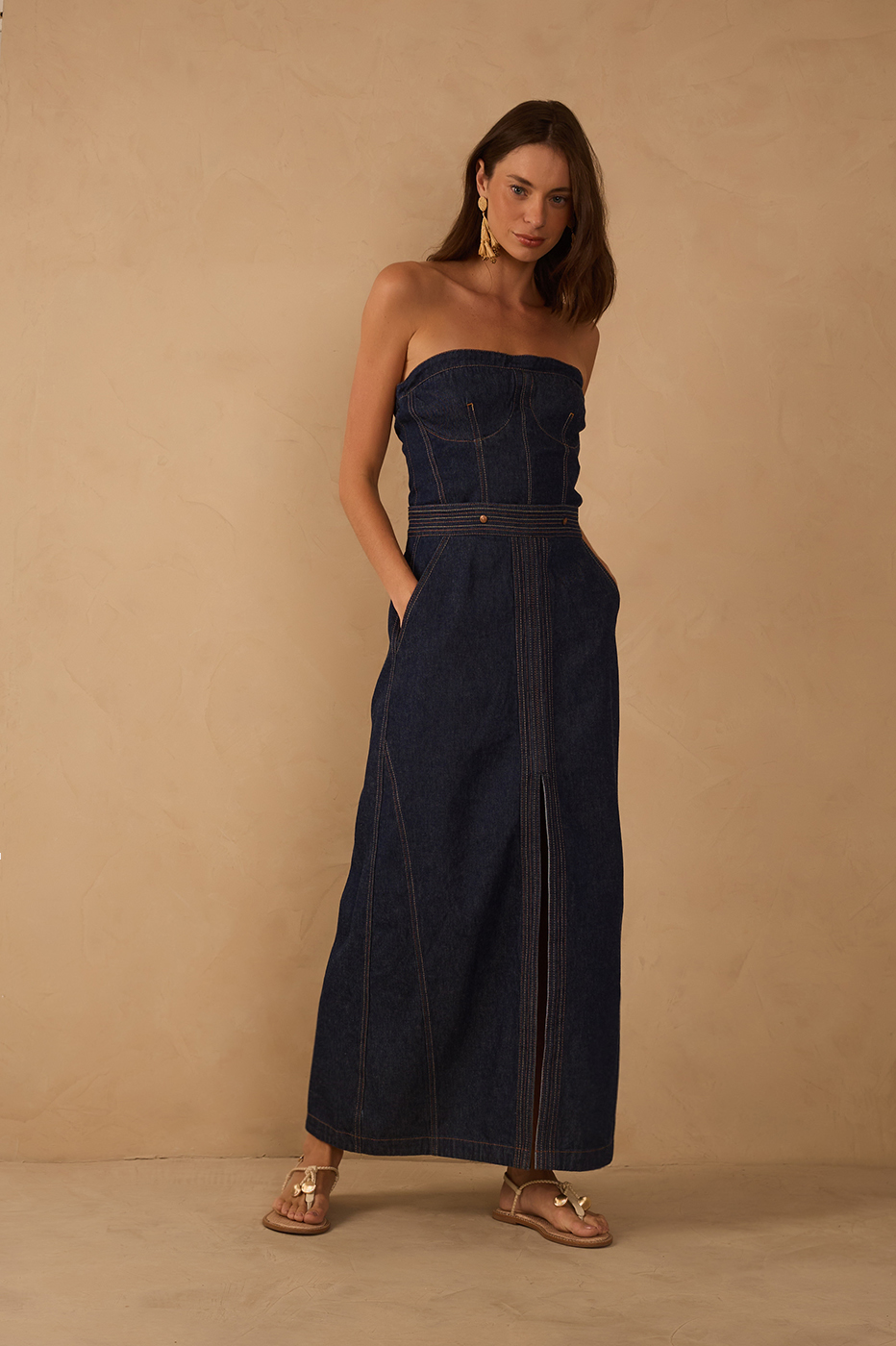 Denim Strapless Side Pockets Maxi Dress