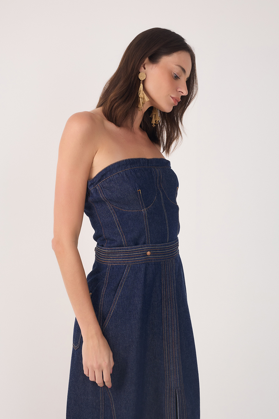 Denim Strapless Side Pockets Maxi Dress