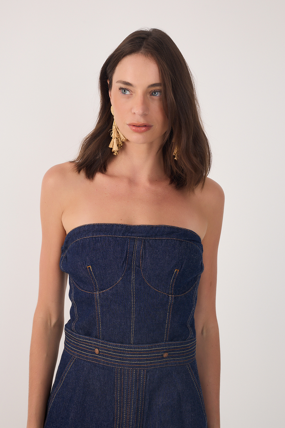 Denim Strapless Side Pockets Maxi Dress