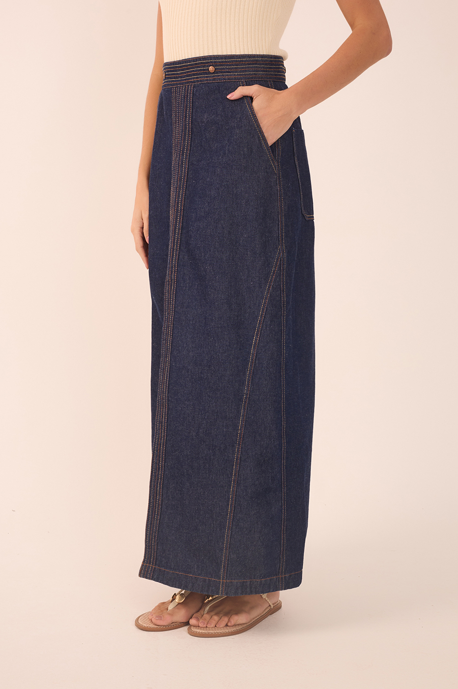 Denim Strapless Side Pockets Maxi Dress