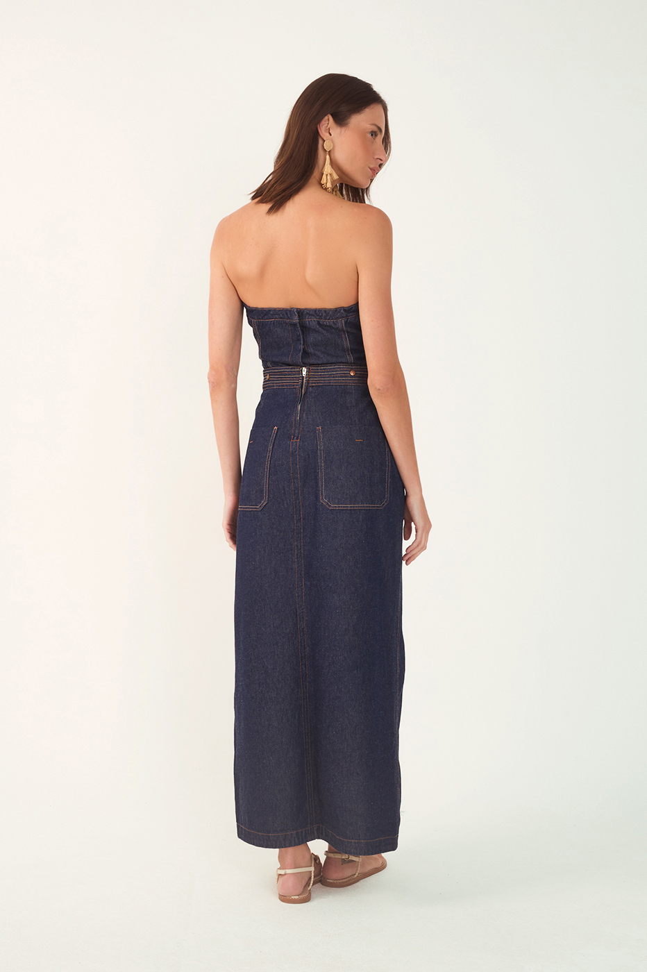 Denim Strapless Side Pockets Maxi Dress