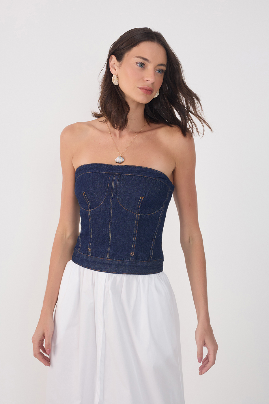 Denim Strapless Side Pockets Maxi Dress